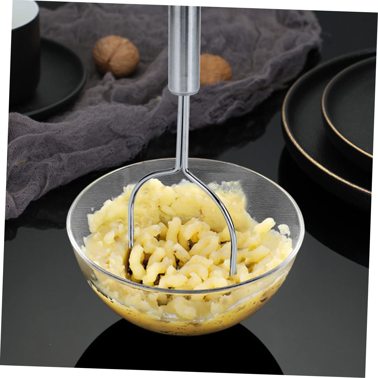 OKUMEYR Stainless Steel Potato Masher Manual Food Pressing Tool for Home and Restaurant and Comfortable Handle for Mashing Potatoes Carrots and Fruit Purees