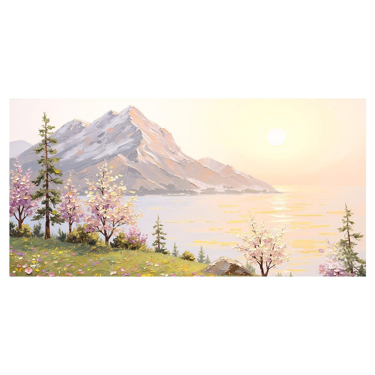 LCDIUDIU Oil Paintings On Canvas Hand Painted Large Spring Sunrise Mountain Lake Landscape Oil Painting Pink Cherry Blossom Unframed Modern Artwork Wall Decor for Living Room 100X200Cm(39.4X78.7Inch