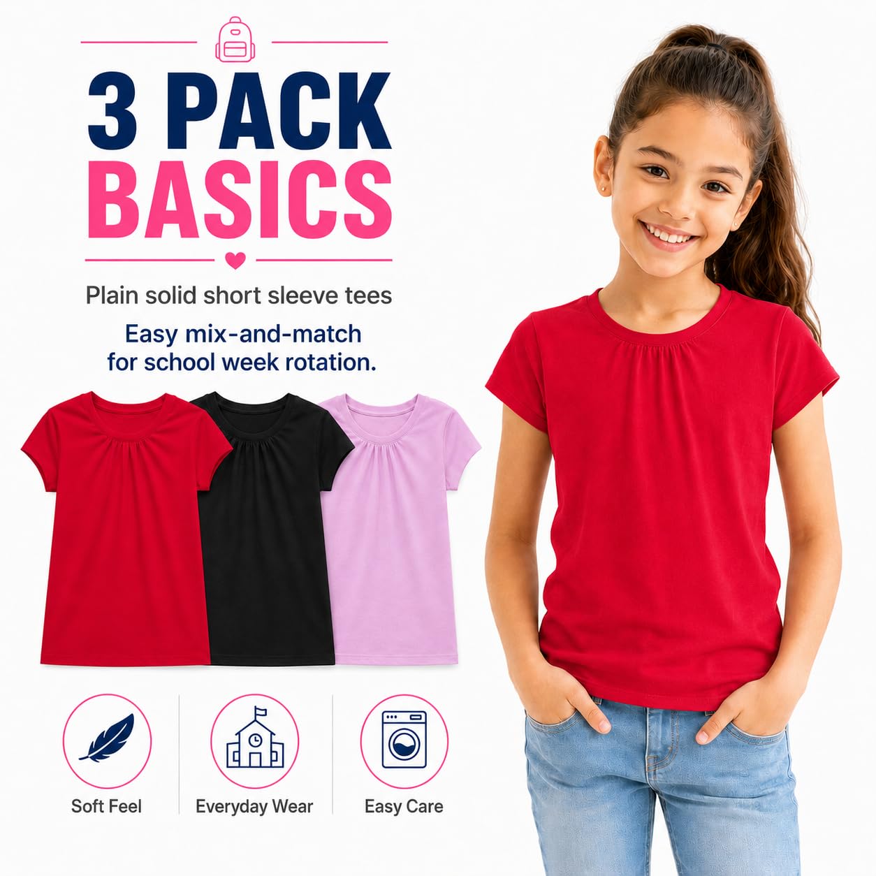 Bienzoe Girls Short Sleeve T-Shirt: Kids Aged 4-13 Cute Crewneck tee 3pcs Pack - Breathable Tops for Beach Trip Outdoor Play