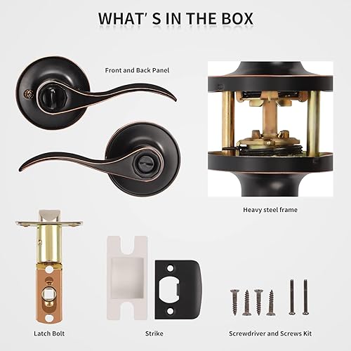 Miniatura 8 de Paquete de 3 manijas de puerta interiores, manijas de puerta de bronce aceitado para dormitorio y baño, cerradura de puerta de privacidad sin llave,