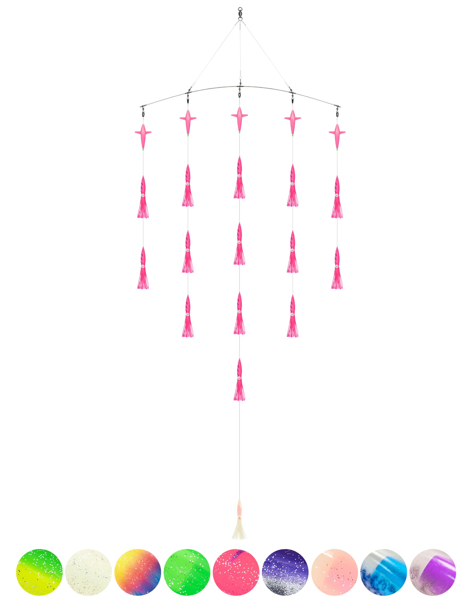 BLUEWING 36" Upgraded Fishing Spreader Bar Wave with 6" Bulb Squids, 5.28in Trolling Birds and 316 Stainless Steel Rod Offshore Spreader Bar for Wahoo Tuna Marlin Mahi Mahi, Pink