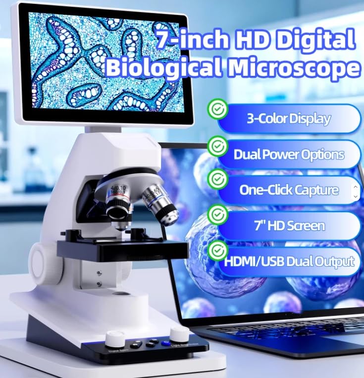 BM070 Microscopio digital biológico de 7 pulgadas, pantalla USB, laboratorio, ciencia, microscopio electrónico digital