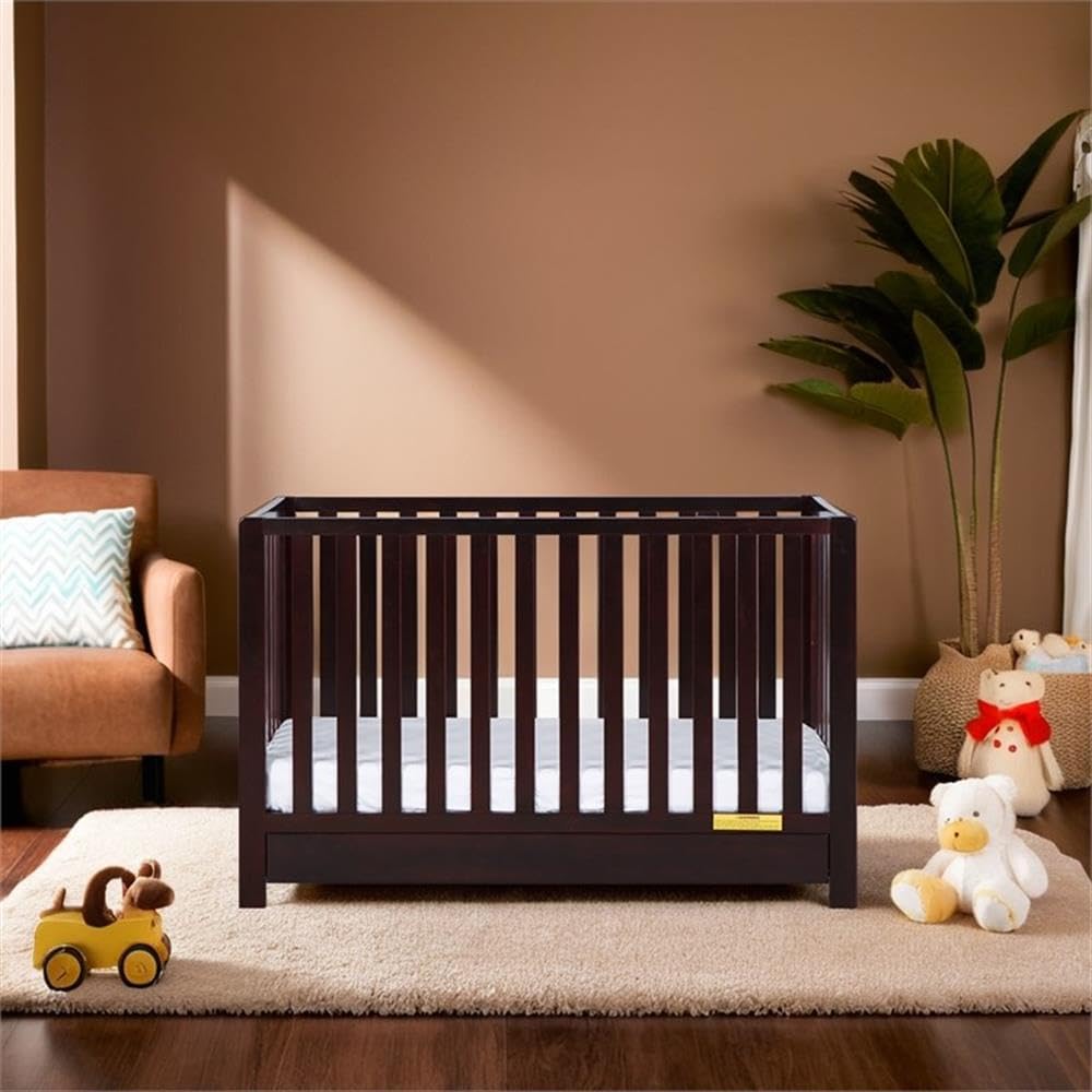 Pemberly Row 4-in-1 Convertible Crib with Drawer, New Zealand Pine Wood, Espresso Finish, 3-Position Adjustable Mattress Support, Modern Nursery Furniture, Converts to Toddler Bed, Daybed, Full-Size