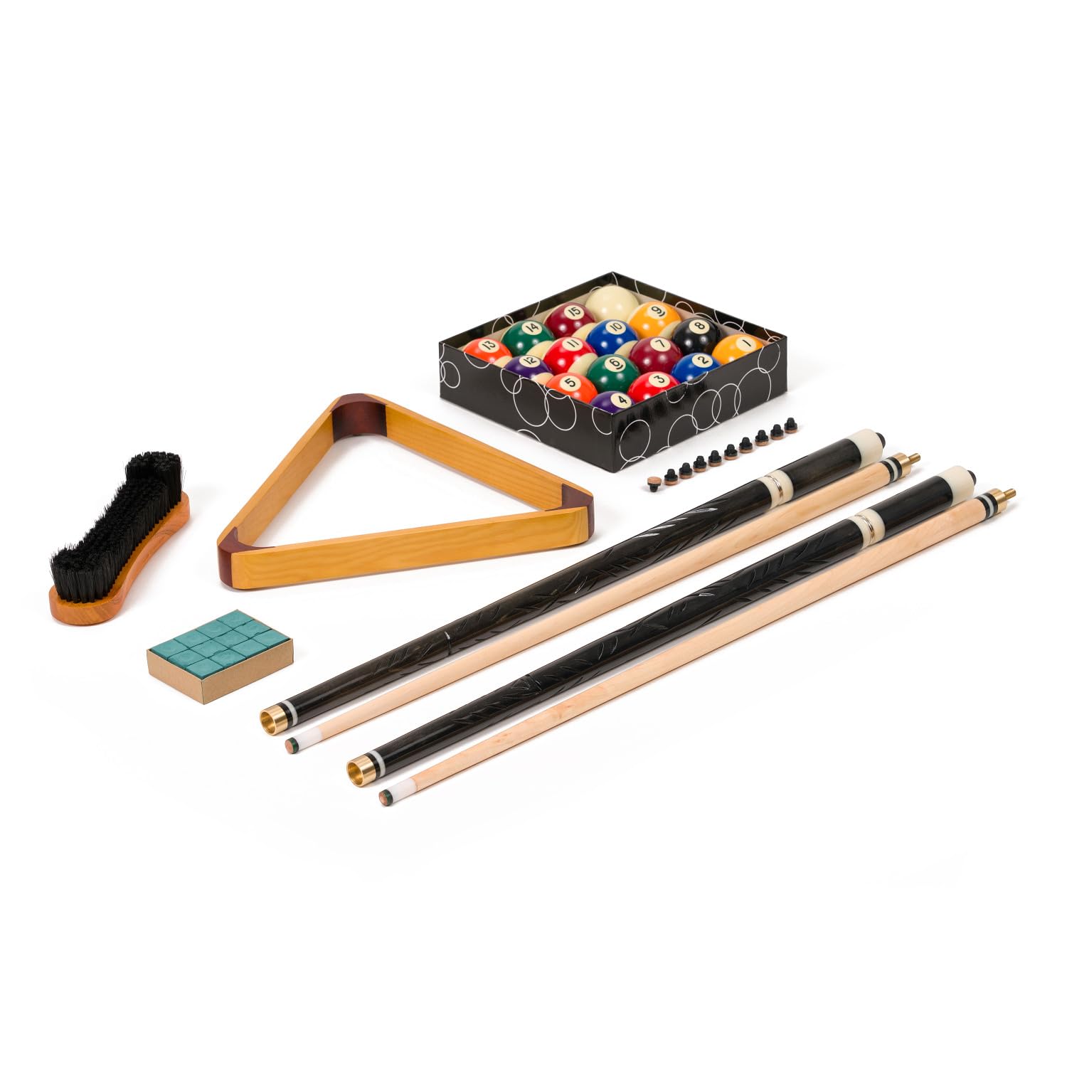 Stradivari Billard Equipment Set | Queue Set mit Kugeln, Dreieck, Kreide, Bürste und 10 Ersatzleder | Hochwertige Ausführung | Schwarz | Vielseitiges Zubehör