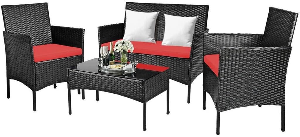 4PCS Patio Rattan Furniture Set Cushioned Sofa Coffee Table Backyard Porch Red