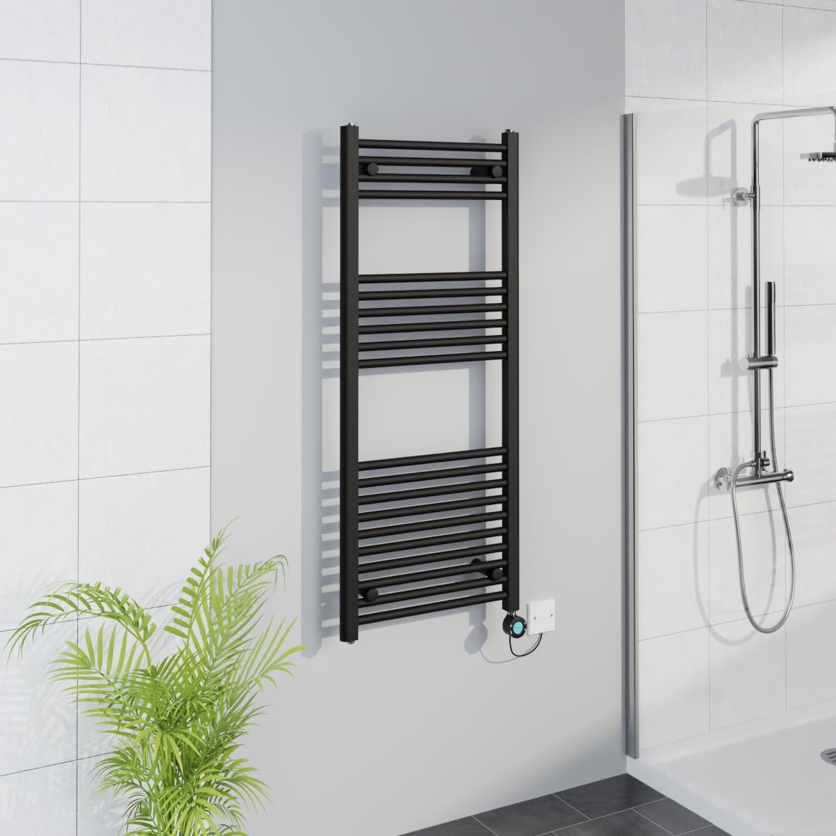 Warmehaus Black Smart Wifi Thermostatic Electric Bathroom Straight Heated Towel Rail Warmer Radiator With Timer 1200X500mm