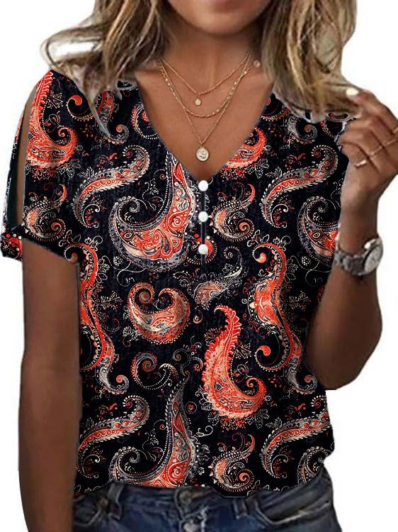 Boho Blouses for Women 2024 Gradient Marble Print Short Sleeve V Neck Cold Shoulder...