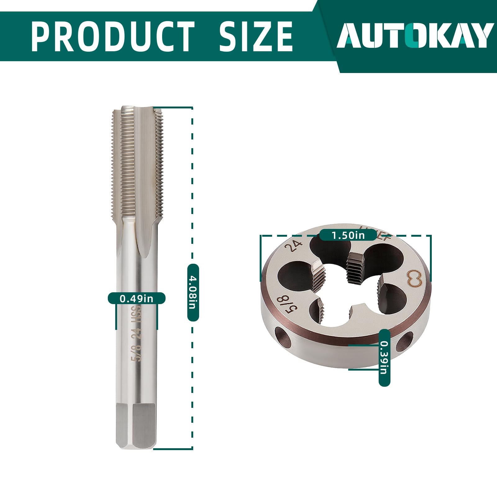 AUTOKAY Nuovo HSS 5/8"-24 UNEF filettatura destra Tap e Die Set (5/8x24) RH