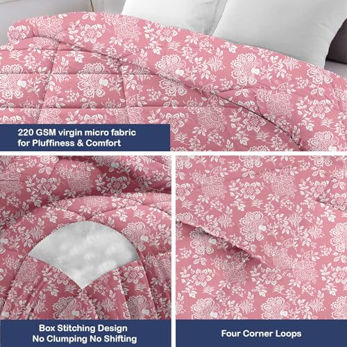 Image of AYKA Reversible AC Comforter 150 GSM Microfiber Summer Blanket Double Bed (90x100 Inches) | Printed Floral Design Cooling Quilt for AC Room | Soft Breathable Duvet Pink & White