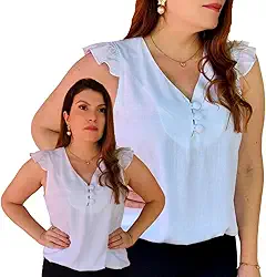 Blusa Social Regata Babado Bufante Feminina Botões Tecido Viscolinho