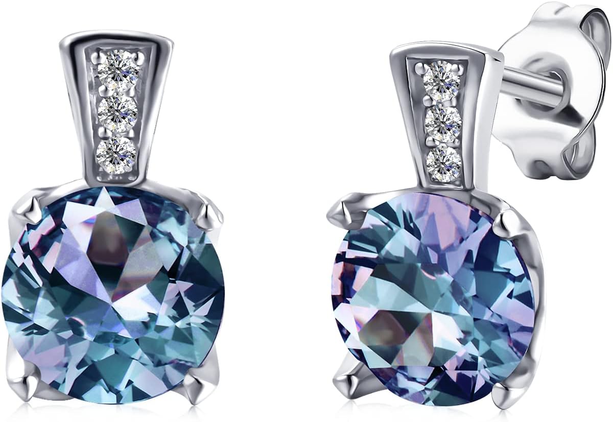 Color Change Alexandrite Earrings 925 Sterling Silver June Birthstone Round Cut Oval Cut Halo Hypoallergenic Drop Dangle Stud Simulated Created Alexandrite Earrings for Women