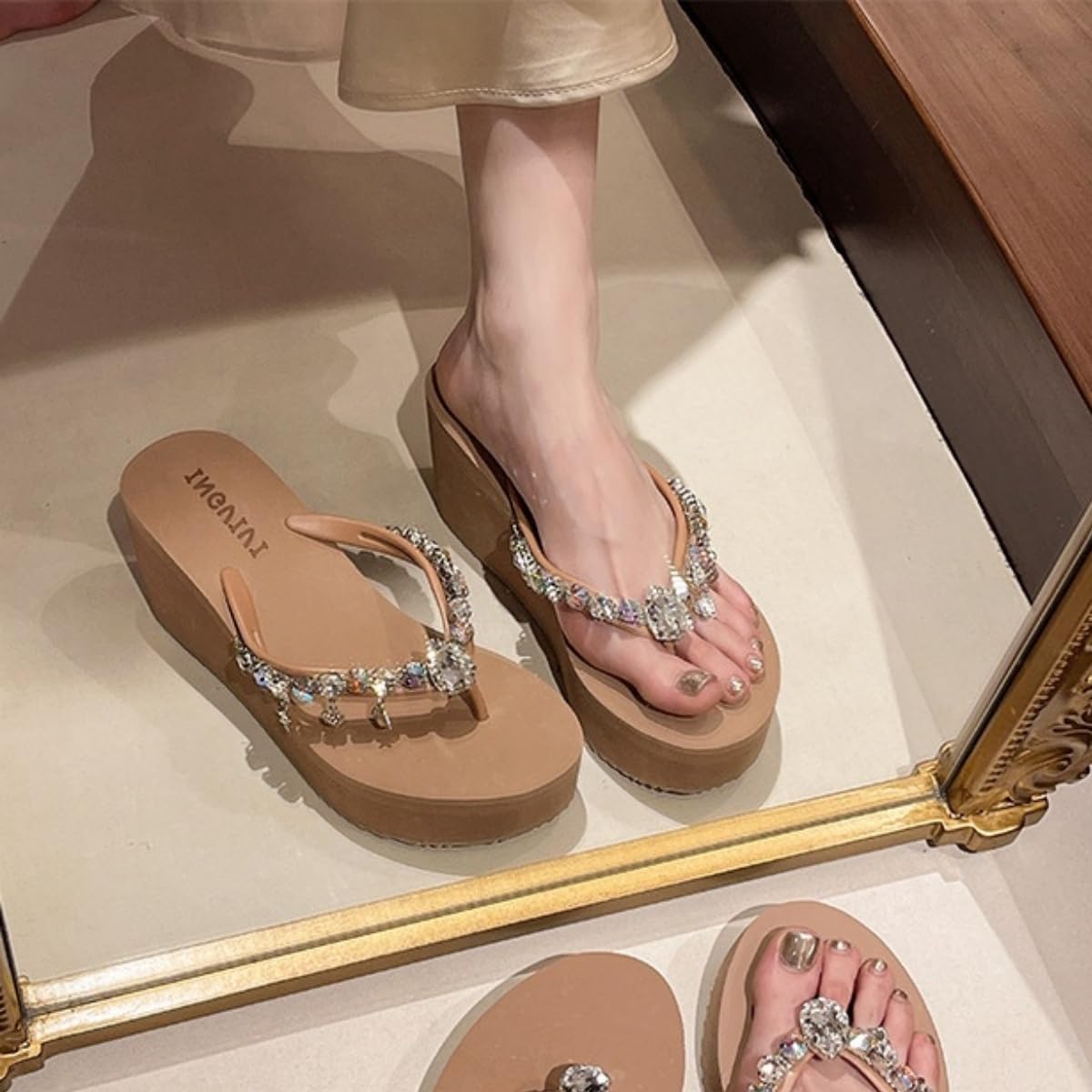 Chanclas de Piscina Plataforma Verano para Mujeres Chanclas de Playa de Cuña Mujer Rhinestone Zapatillas de Piscina