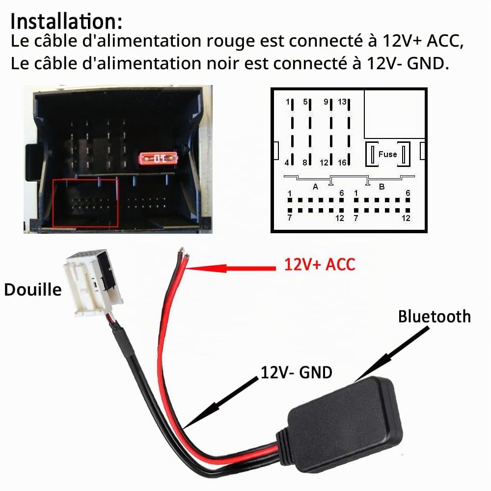 Module Bluetooth sans Fil Radio stéréo AUX in Câble Adaptateur Auxiliaire Audio Music Récepteur 12 Broches Compatible avec Peugeot 207 307 407 308 pour Citroën C2 C3 RD4
