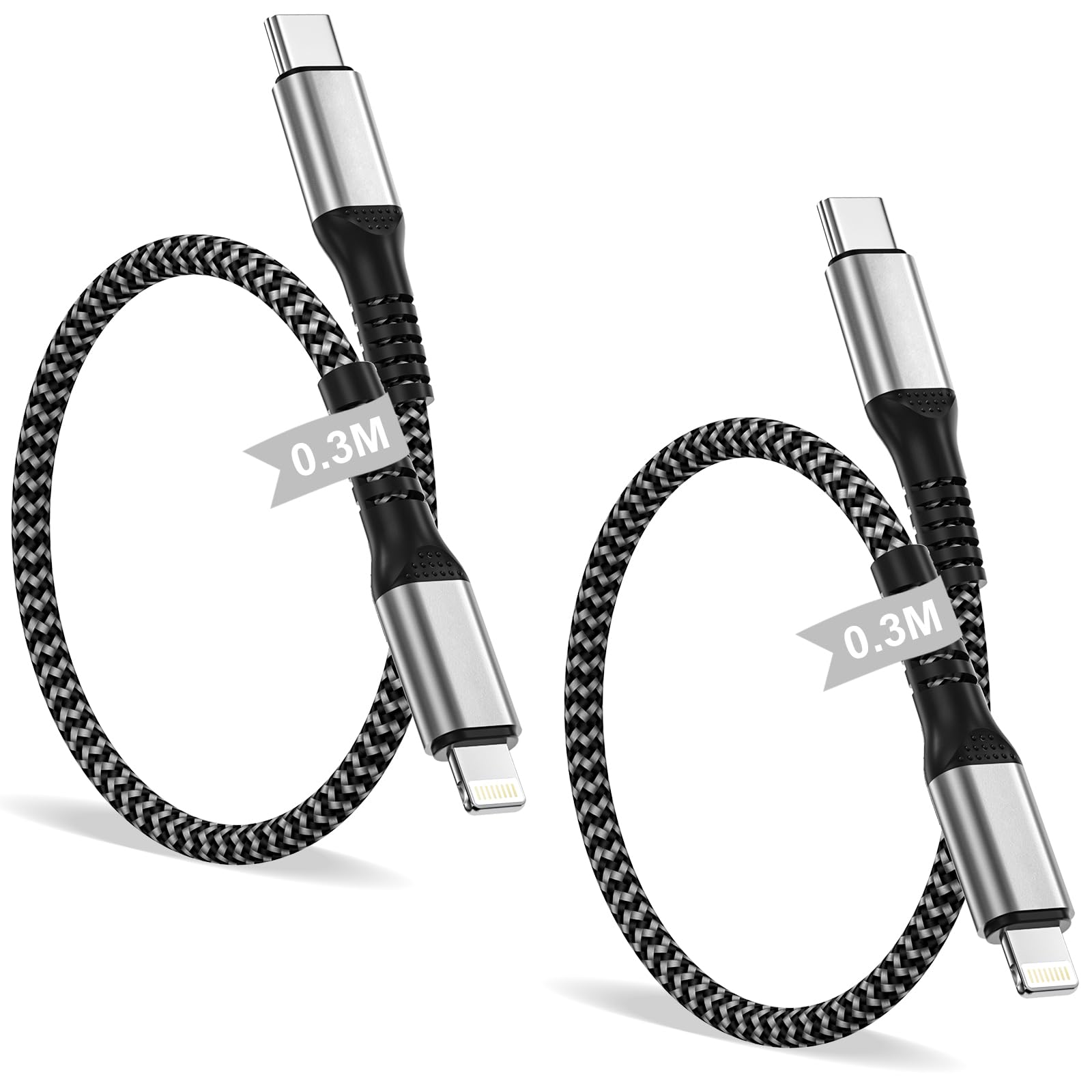 Kabel USB C do Lightning Krótki 30CM 2 Sztuki, pleciony nylon, Certyfikat MFi Kabel do ładowania iPhone Power Delivery Pleciony Nylonowy Szybkie ładowanie do iPhone 14/13/12/11/Pro Max/Mini/X/XR/XS/SE
