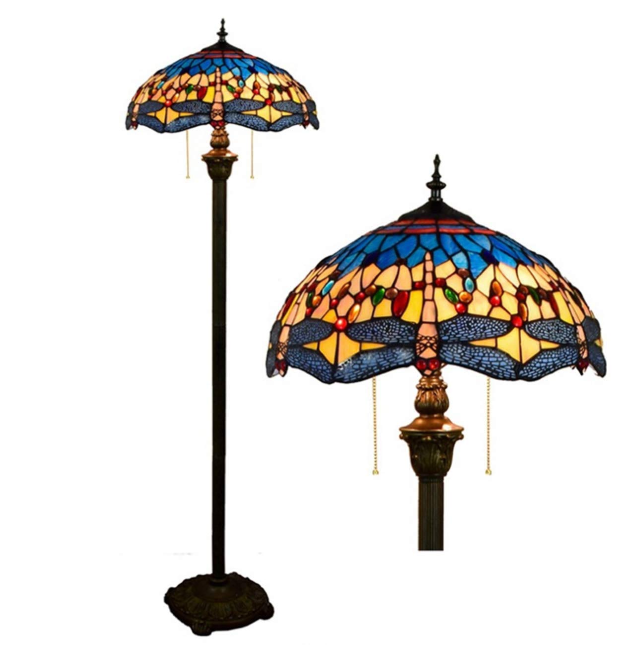 IUokLU Tiffany Style Floor Lamp, Retro Blue Dragonfly Decoration Standing Light with 16" Stained Glass Shade
