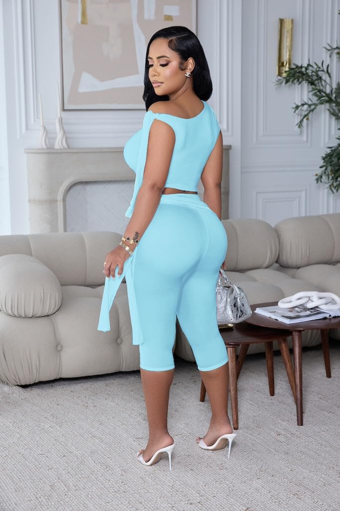 Vssjavun Women's 2 Piece Outfits Sexy Sleeveless One Shoulder Crop Tops Bodycon Capri Pants Sets - Image 3