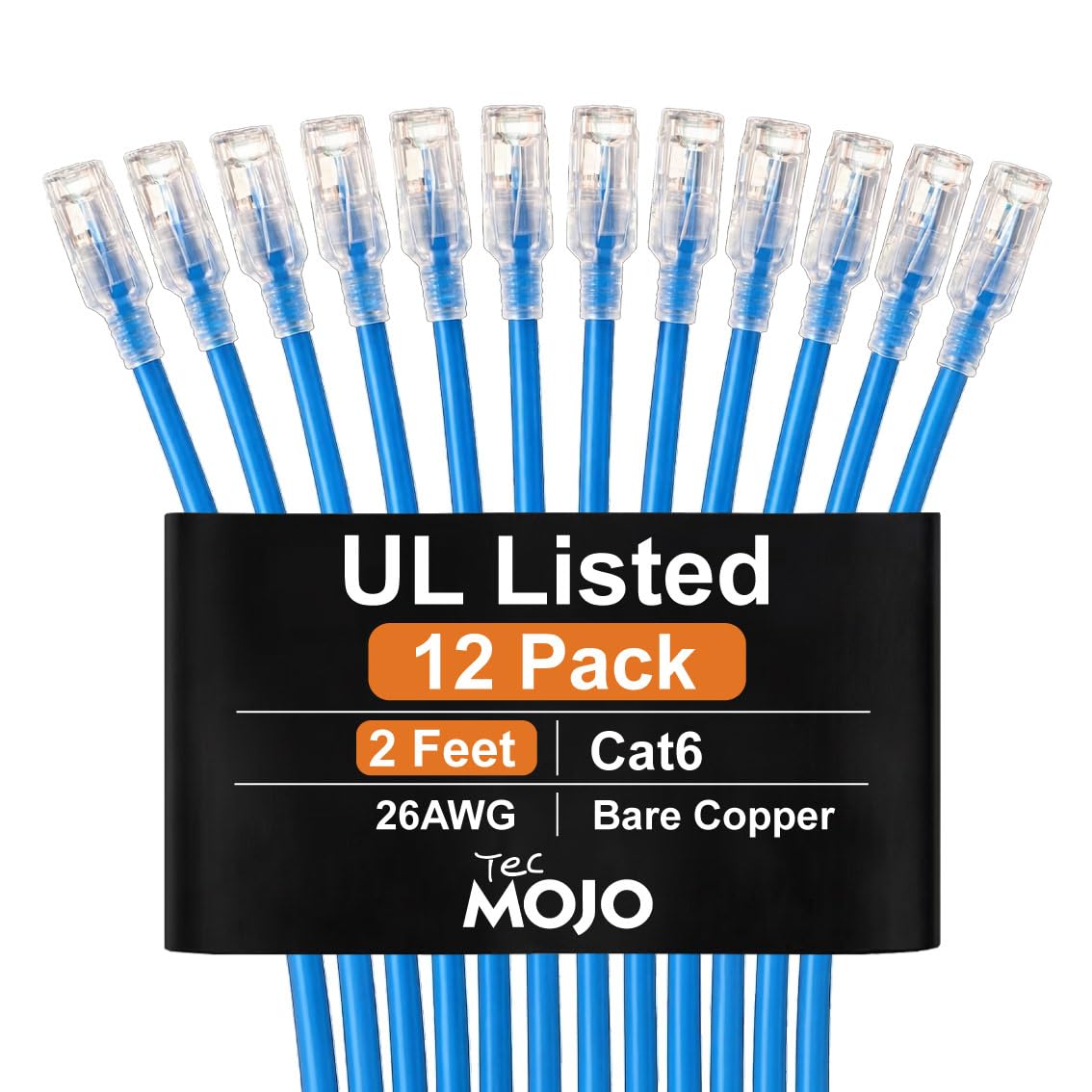 Tecmojo Cable de conexión Ethernet Cat6 de 2 pies, 26 AWG, conductores de cobre 100% puro, cable de red Cat6, RJ45 sin enganches para router, módem, Xbox, laptop, servidores, paquete de 12, azul
