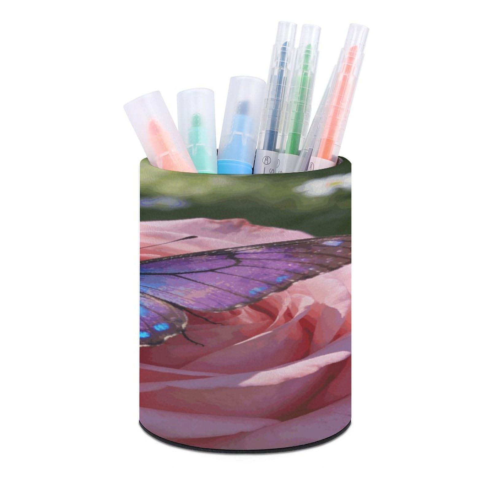 LZQPOEAS - Butterfly and Flower Pen Holder for Desk Organizer Modern Minimalist Storage Case for Round PU Leather Pens Supplies