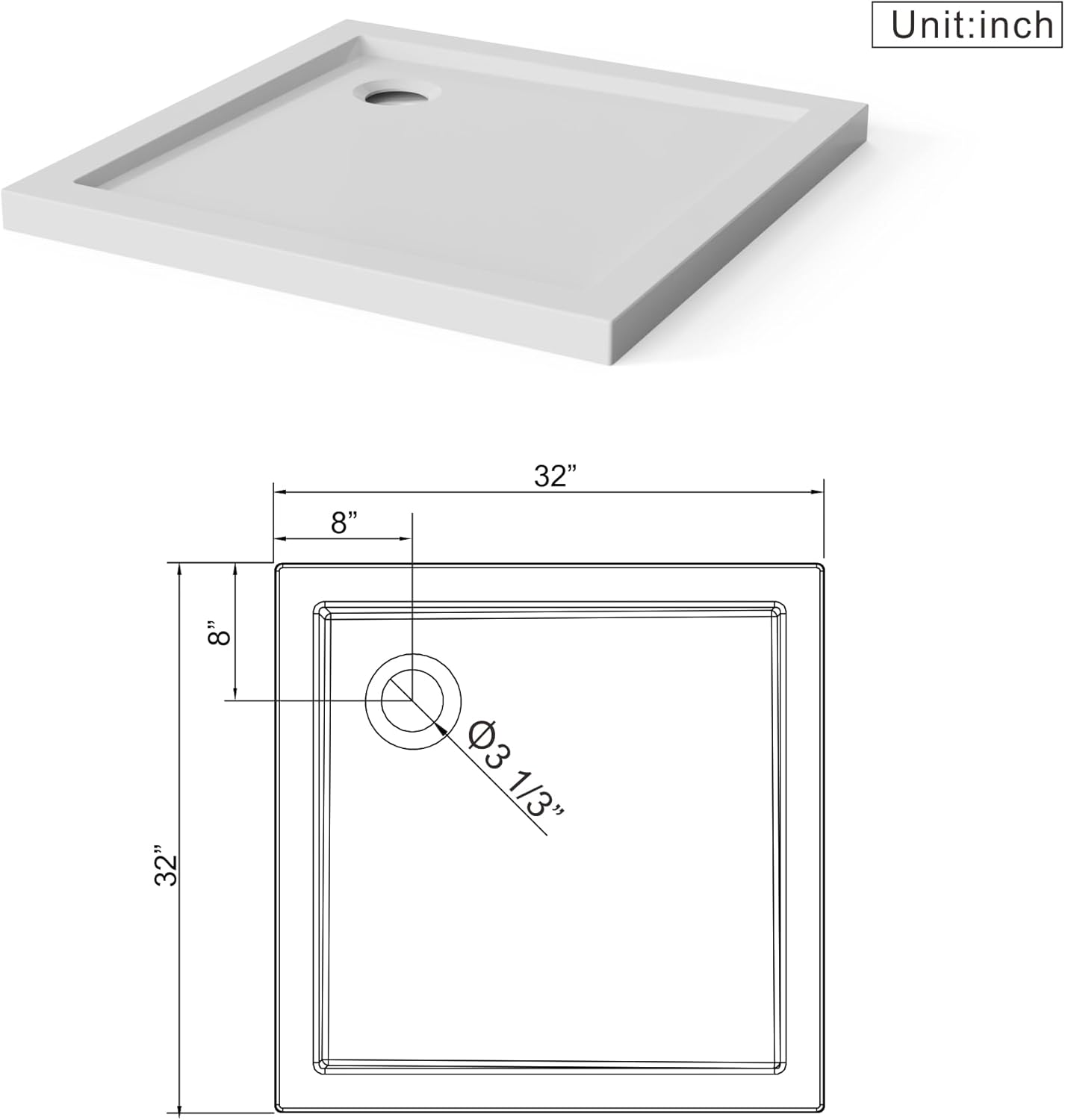 32-inch × 32-inch Corner Drain Shower Pan, crafted from five layers of acrylic and ABS material, features an anti-slip design and comes without a drain pipe. (White, 32 * 32")