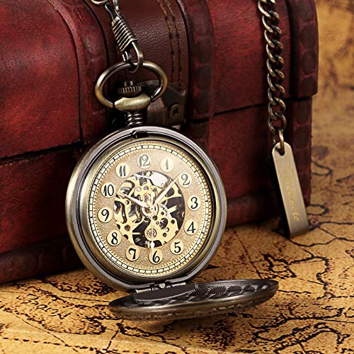 Treeweto Mechanical Eagle Arabic Numerals Dial Skeleton Bronze Pocket Watch Watches With Gift Box And Chains For Mens Women #TOP4