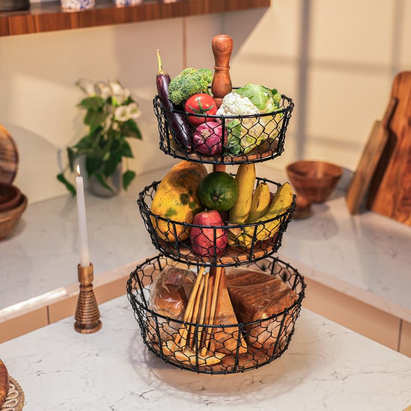 Image of Ireka Home Farmhouse Multipurpose Storage Basket | Acacia Wood with Iron Handles | Three-Tier Organizer for Living Room, Kitchen, Fruits and Vegetables