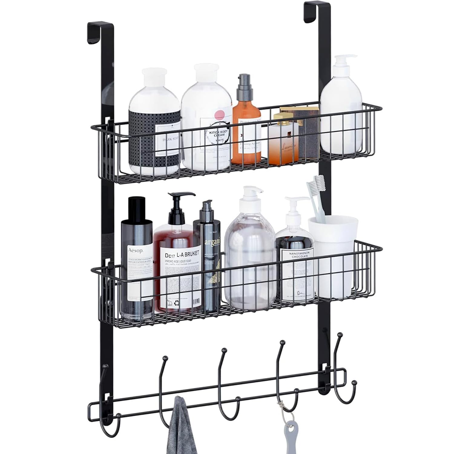 LUCYCAZ Over The Door Hook Hanger, Over Door Hanger with 5 Hooks and 2 Mesh Deep Basket, Over Door Storage Organiser Rack for Bathroom Kitchen Bedroom Hanging Towel Clothes (Black)