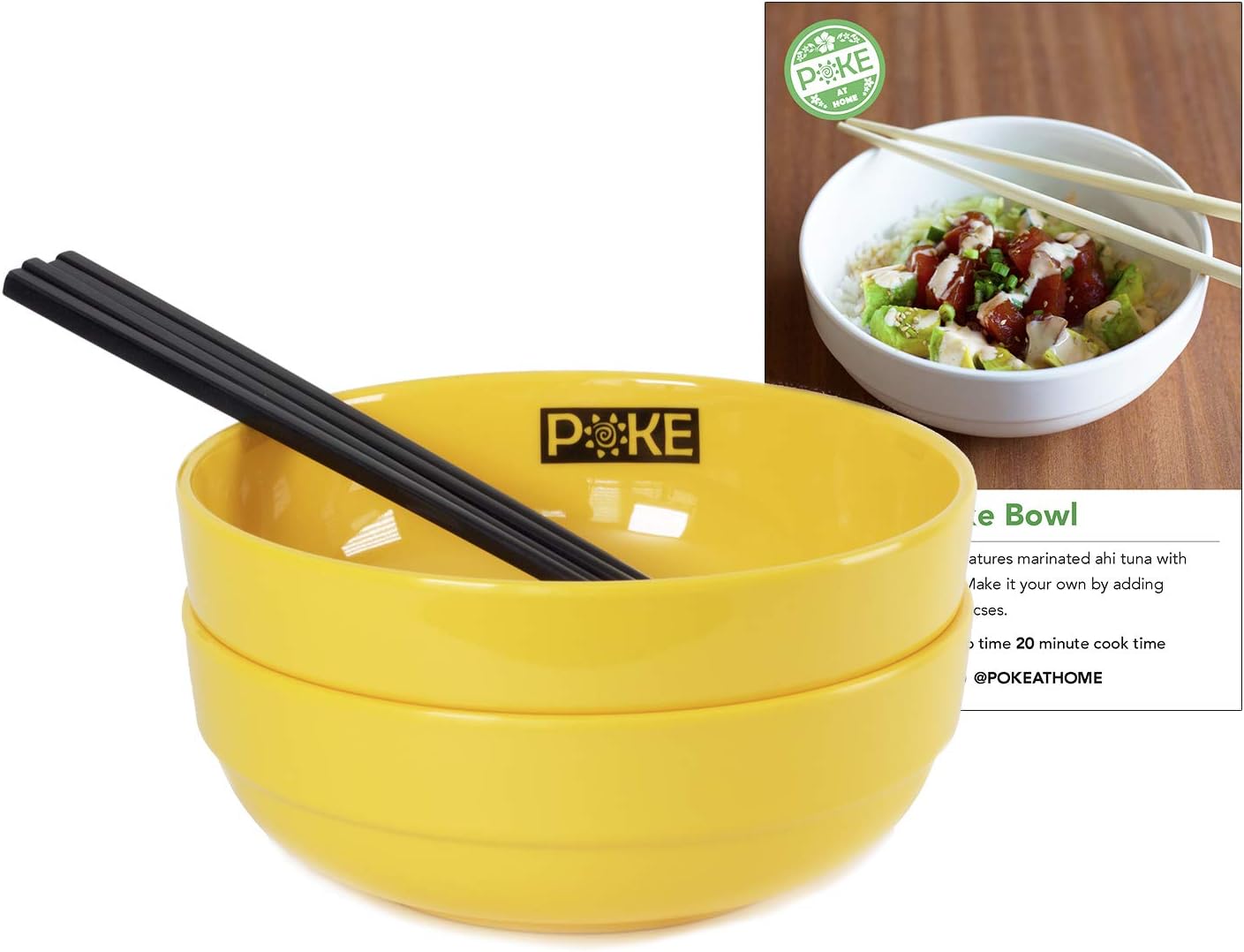 Yellow Poke Bowl Kit : 2 Bowls 4 Chopsticks and Poke Recipe Card