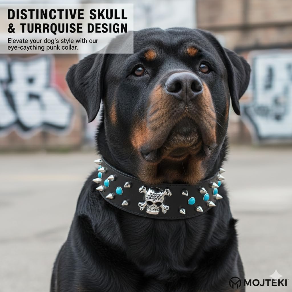 Spiked Dog Collar with Skull Charm & Turquoise Studs | Punk Rock Heavy Duty Soft PU Leather Anti-Bite Studded Collar Pink and Black Pack of 2 Ex-Large