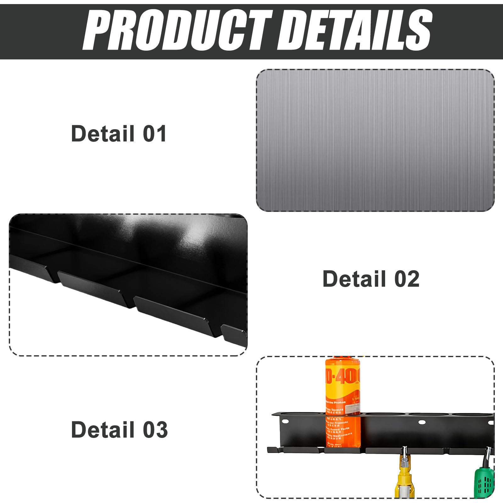 Soporte de latas para botellas de spray: soporte de taller para latas de aerosol, soporte de pared con 5 agujeros y 6 ranuras para garaje, tienda y hogar, (negro)