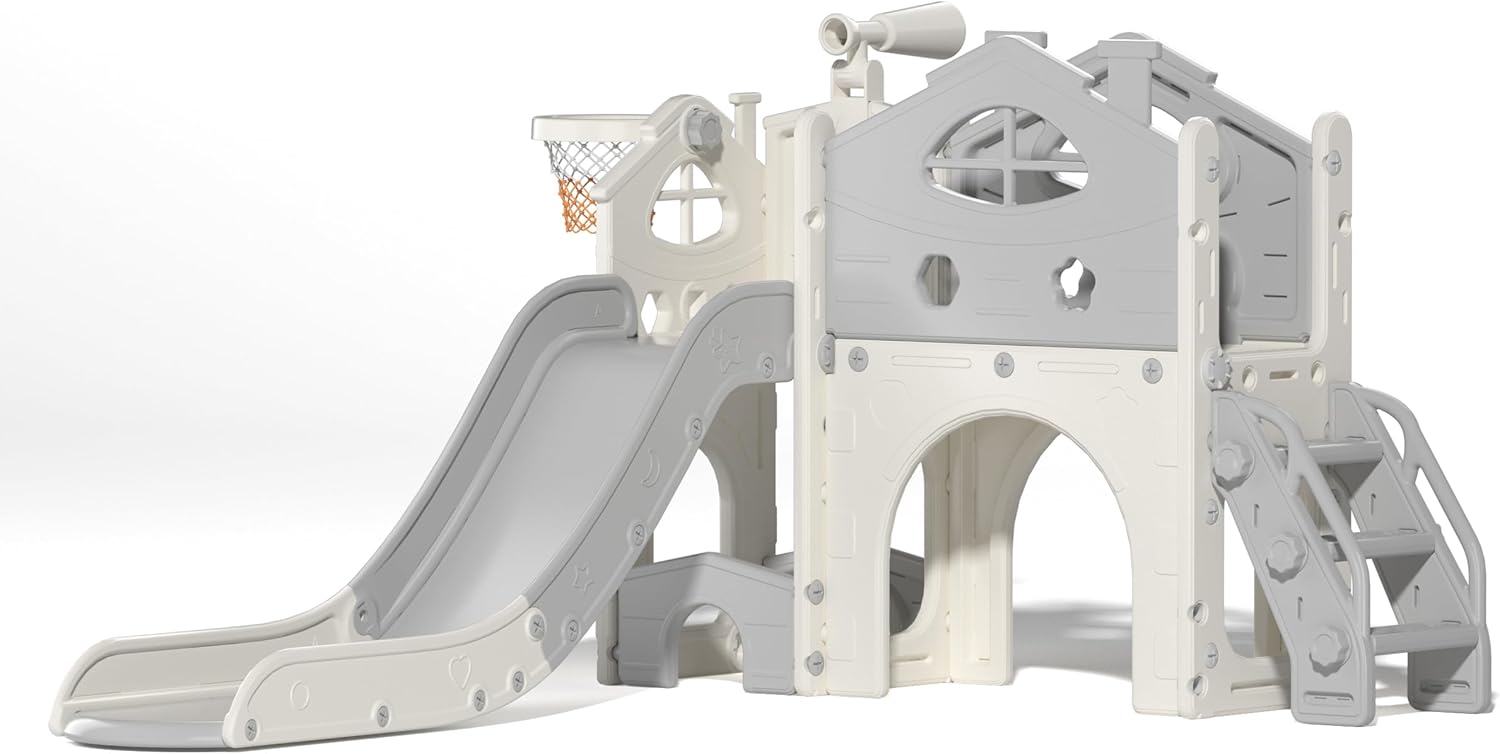 Kids Slide Playset with Climber, Toddlers Freestanding Castle with Basketball, Storage Area, Tunnel for Indoors and Outdoors, Gift for Children, Gray and White