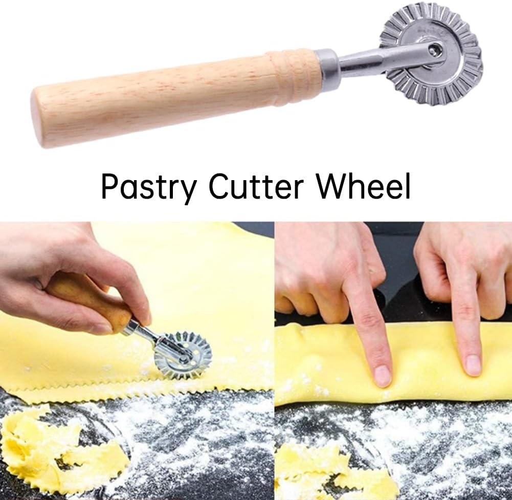 Pastry Cutter Wheel, Pasta Cutter Wheel with Long Wooden Handle, Zinc Alloy Ravioli Cutters Wheels with Roller Dumpling Lace Making Cuttered for Kitchen(SIZE:6.3 x 1.57inch)