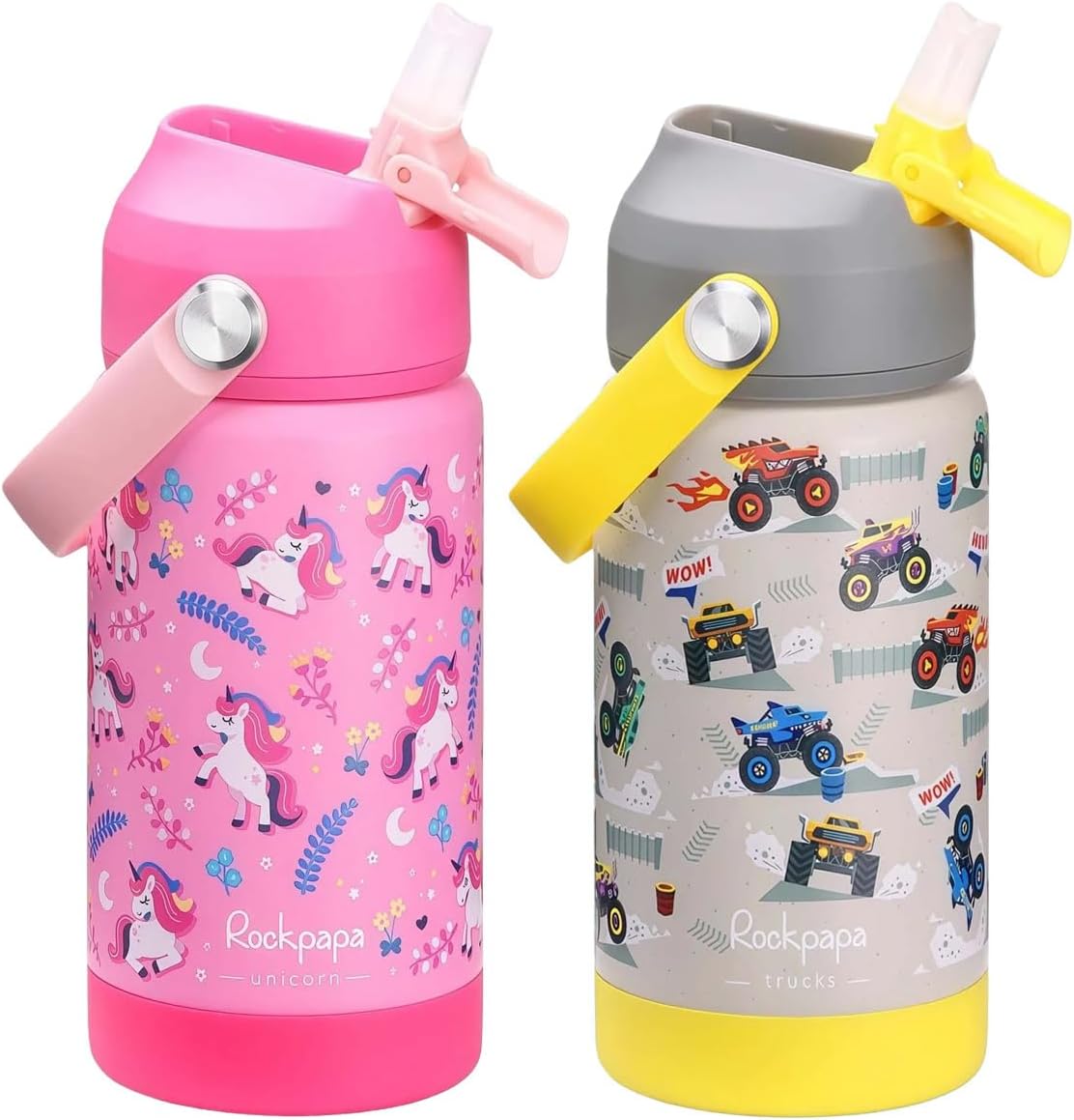 rockpapa 2 Pack Kids Insulated Water Bottle with Straw, BPA-Free, Stainless Steel, Leak Proof 14OZ Metal Cup Water Bottle for School Boys Girls (Unicorn+Dinosaur)