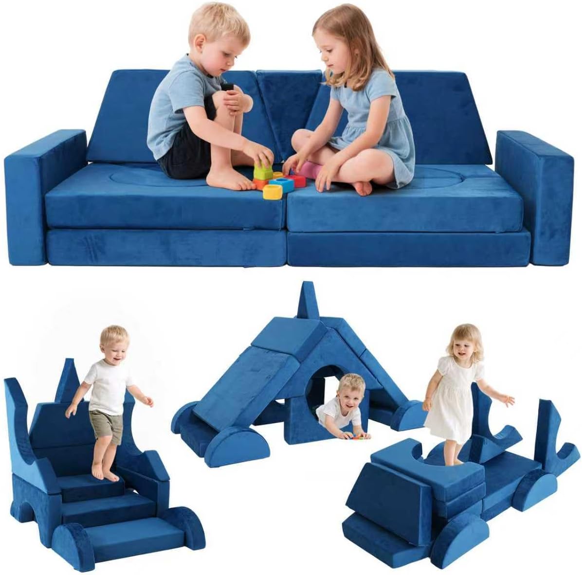 Modular Kids Play Couch Kids Couch for Toddlers Child Sectional Sofa DIY Creativing Versatile Kid Sofa for Boys and Girls Convertible Foam Floor Cushion for Playroom Bedroom (Blue)