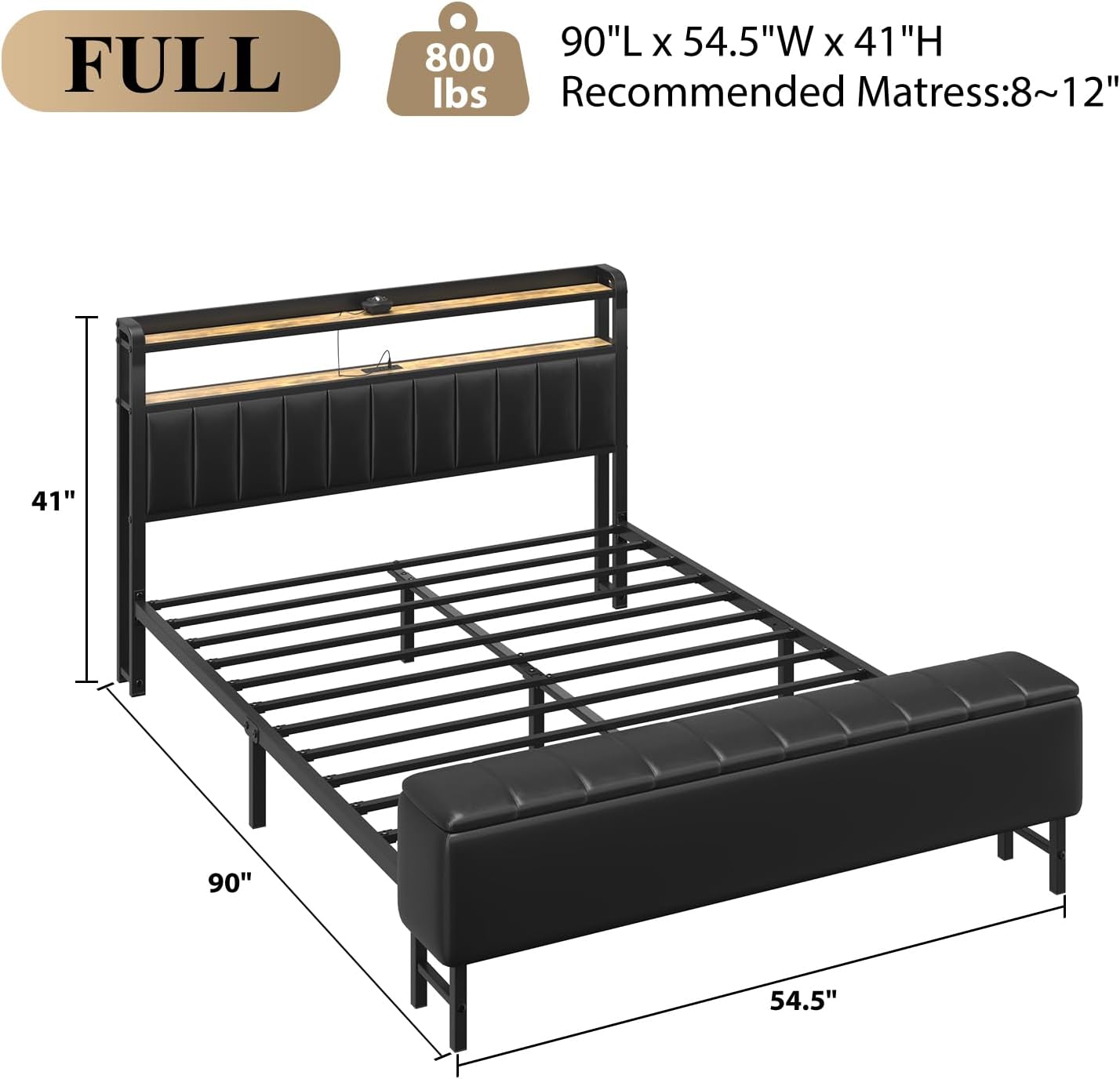 Full Size Bed Frame with Headboard & Star Projector, Metal Upholstered Bed Frame with Charging Station, Heavy Duty Bedframe with Storage Ottoman, Noise-Free, No Box Spring Needed, Black - Image 2