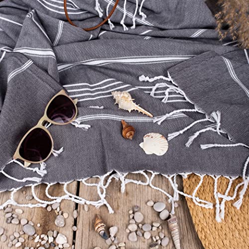 LAYNENBURG Premium Hamamtuch mit handgeknüpften Fransen - 100% Baumwolle - XXL Strandtuch 100x200 cm - Oeko-TEX 100 - Strandhandtuch groß - Saunatuch & Reisehandtuch (Anthrazit)