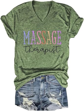 Massage Therapist Shirts Womens Graphic Tees Therapy Letter Print Cute T Shirt V-Neck Muscle Therapy Tshirt Tops