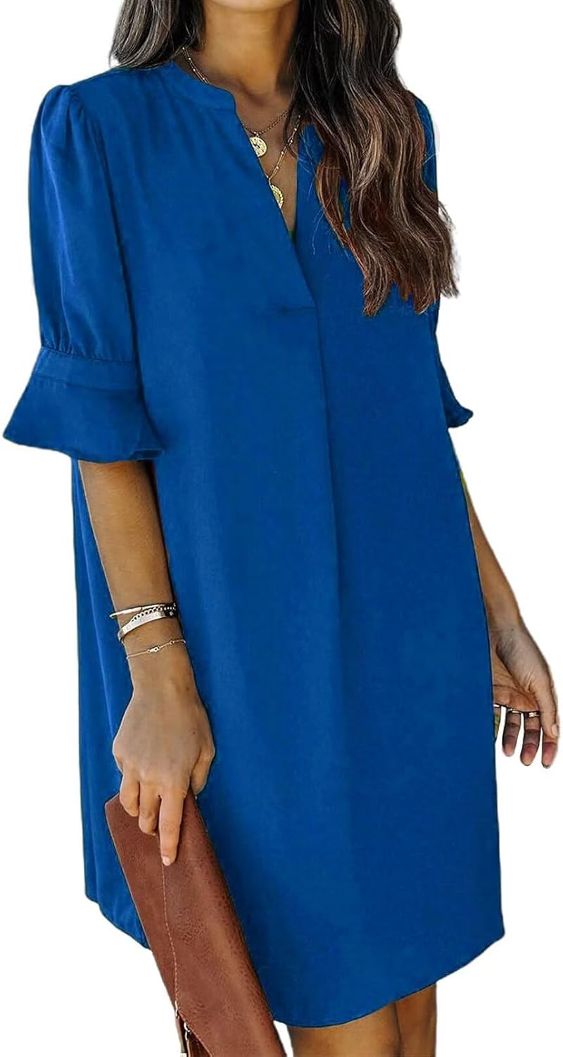JOCAFIYE Effen hemdjurk voor dames, V-hals, ruches, casual, zomer, kort