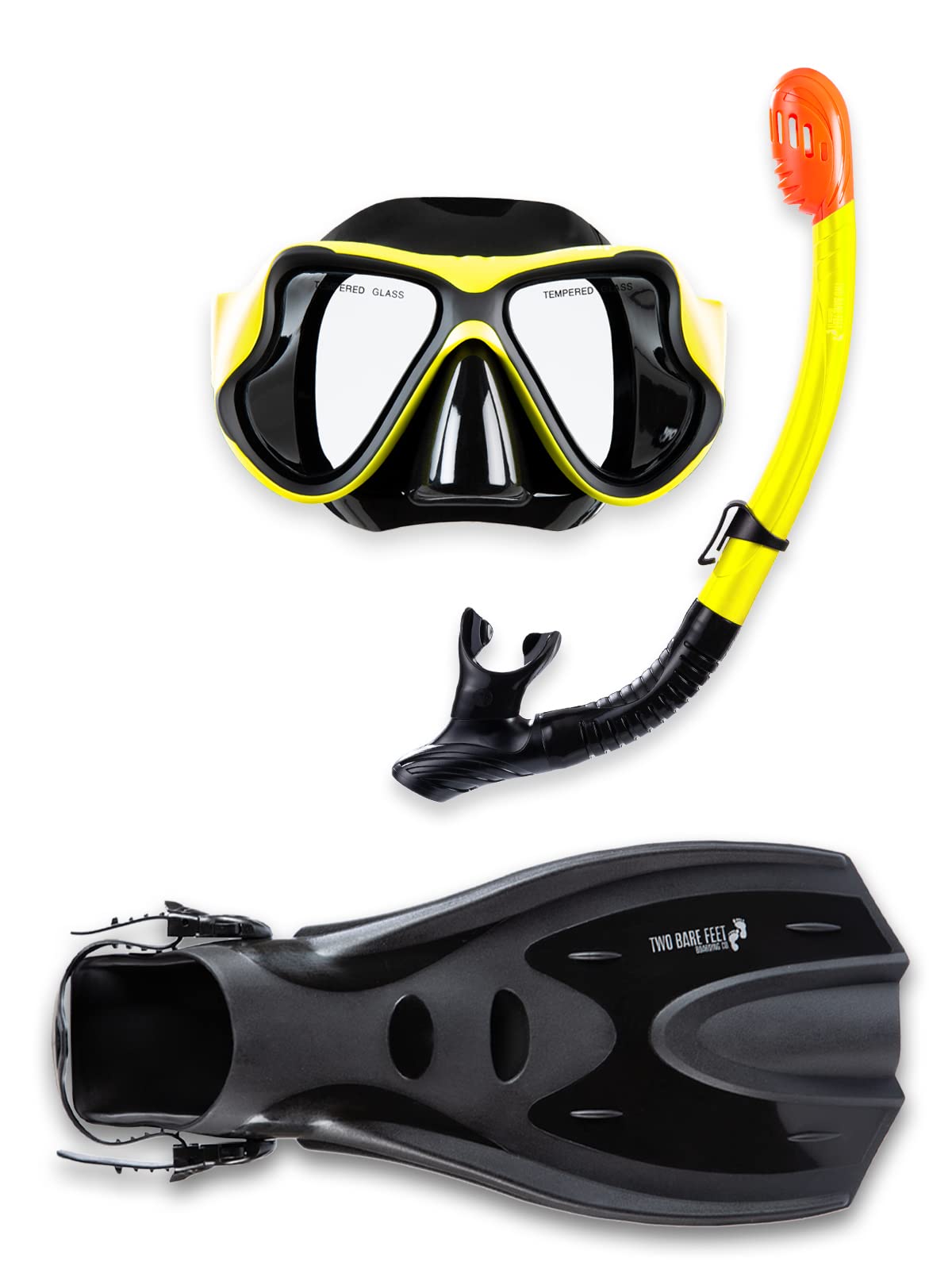 Two Bare Feet X-Dive Silicone Mask Dry Top Snorkel & F70 Fins Complete Diving Snorkel Set (M266S SN134S Yellow/Black, F70 L/XL)