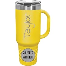 Personalized 40 oz 16 Colors Powder Coated Insulated Stainless Steel Tumbler Travel Mug with Handle Lid Straw, Vertical Name Customized Etched Cup, Engraved Gift Idea Mom Wife Women Men Her Yellow