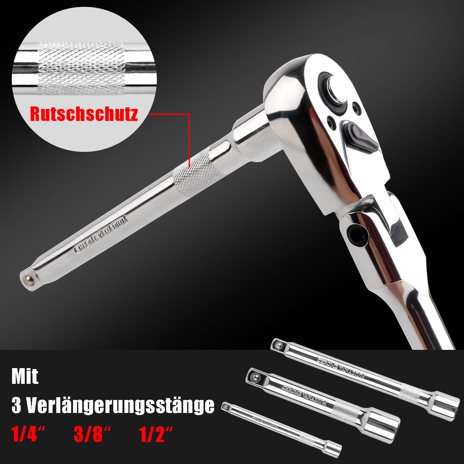 Set di chiavi a cricchetto flessibili, 1/4", 3/8", 1/2", con 3 barre di prolungamento, chiave a cricchetto flessibile, 72 denti, sgancio rapido, reversibile
