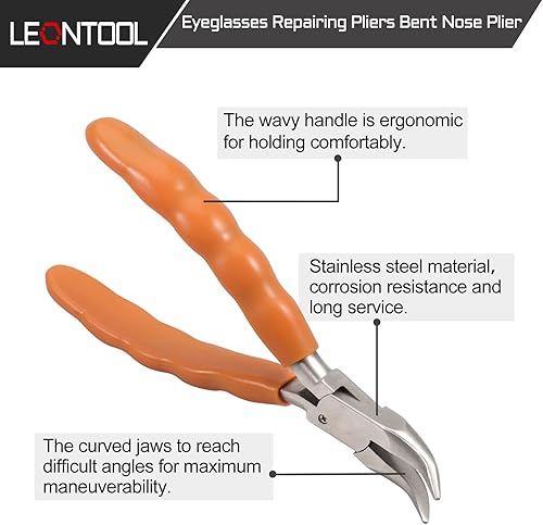Miniatura 2 de Alicates de punta doblada de 6 pulgadas, kit de herramientas de reparación y ajuste de lentes de acero inoxidable con destornillador y paño