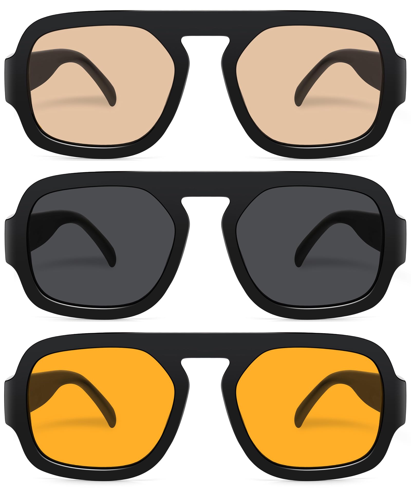 Retro Square Aviator Sunglasses for Women Men 70s Vintage style Shades Trendy Flat Top UV Protection Sun Glasses 3pack (Black/Gray+black/Orange+black/Champagne) color/lenscolor
