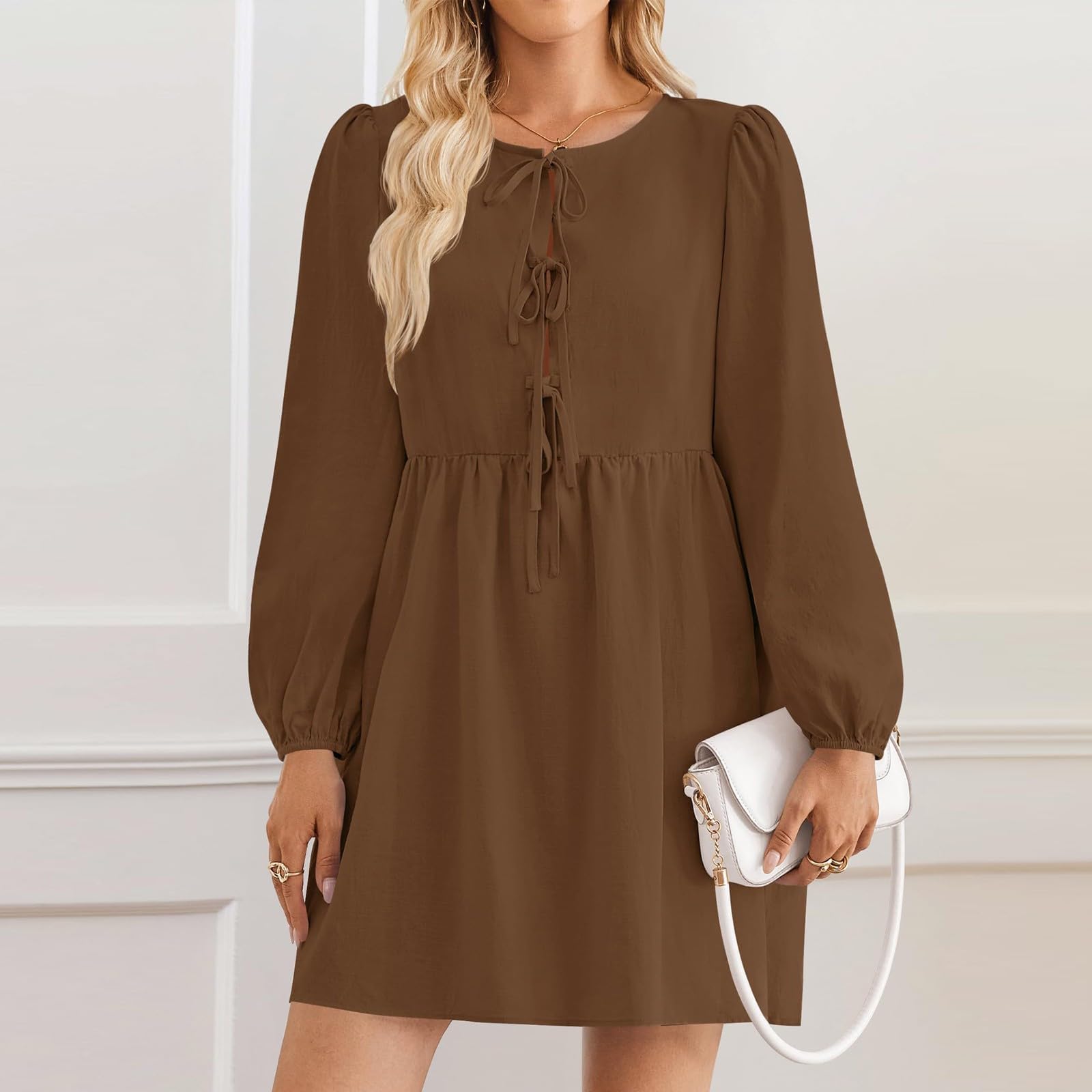 Robe Mini péplum à Manches Longues Bouffantes et nœud Papillon sur Le Devant pour Femme, Robes d'automne,Robe Courte à Volants en Ligne A, Robe Tunique Fluide Mignonne (Dark Brown,M)