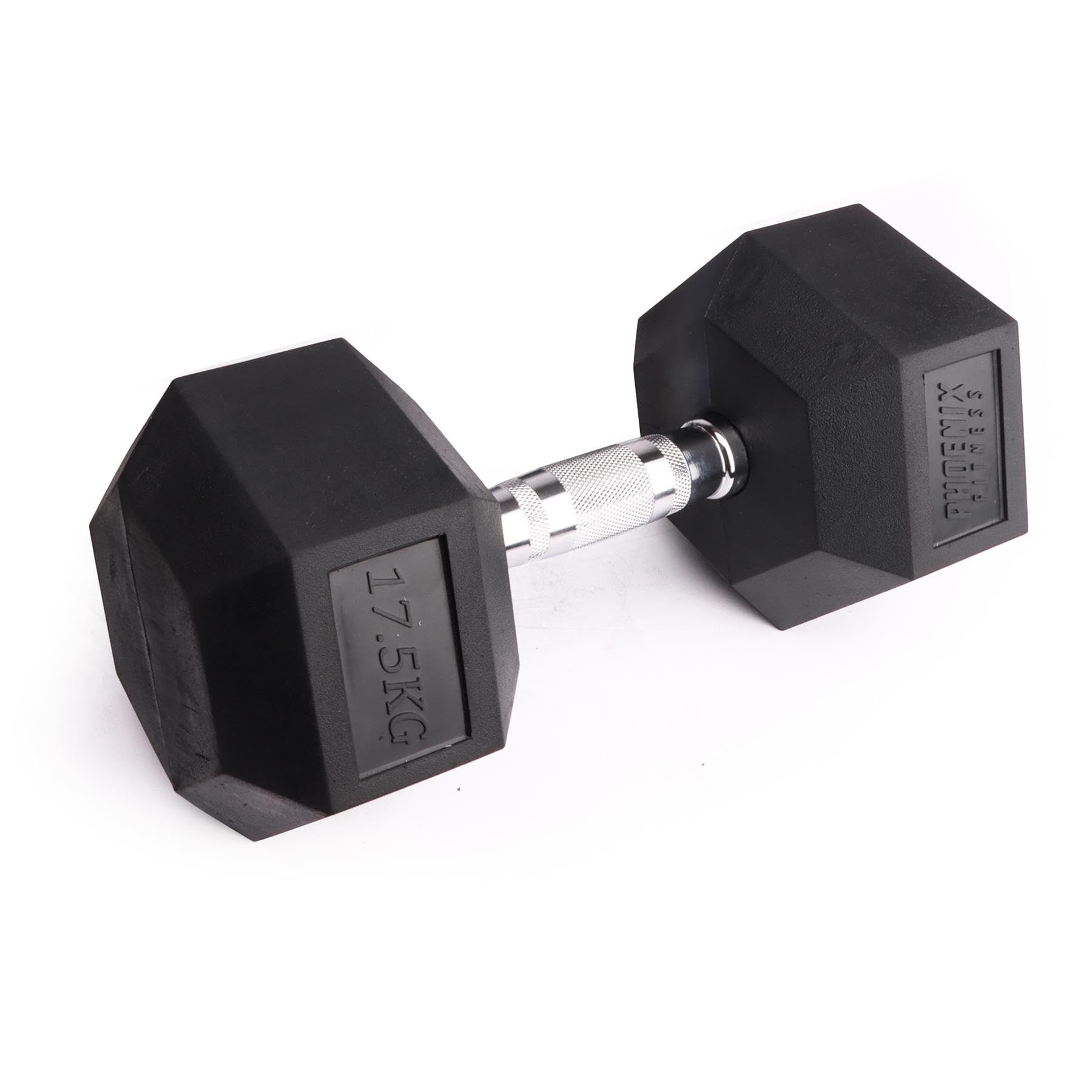 Phoenix Fitness Hex Dumbbell - Single Rubber & Cast Iron Hexagonal Dumbell Hand Weights for Men and Women at Home & Gym - Weight: 17.5kg