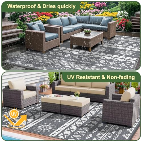 MOKANI Outdoor Teppich Wetterfest, Wendbarer Balkon Camping Teppich 150x240 cm, Kunststoff Stroh Terrasse Matte UV-beständige Outdoorteppich Rug Carpet für Garten RV Picknick, Boho-Style, Grau