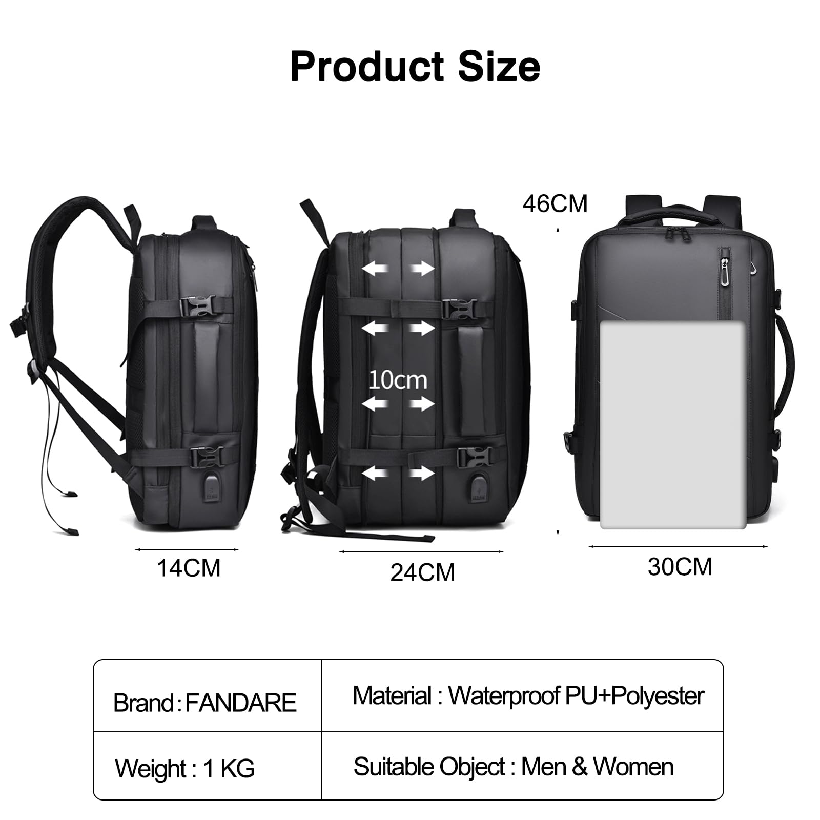 FANDARE Mochila Viaje Expandible 19-33L Equipaje de mano Cuero impermeable PU Bolsa de Viaje Hombre Laptop Bolso de mano con USB Bolsa de Mano Mochila Viaje Cabina Avion Bolsos para Negocio Trabajo
