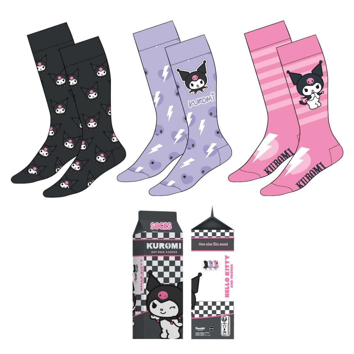 Hello Kitty Kuromi Pack of 3 Adults Socks for Everyday Wear and Gifts