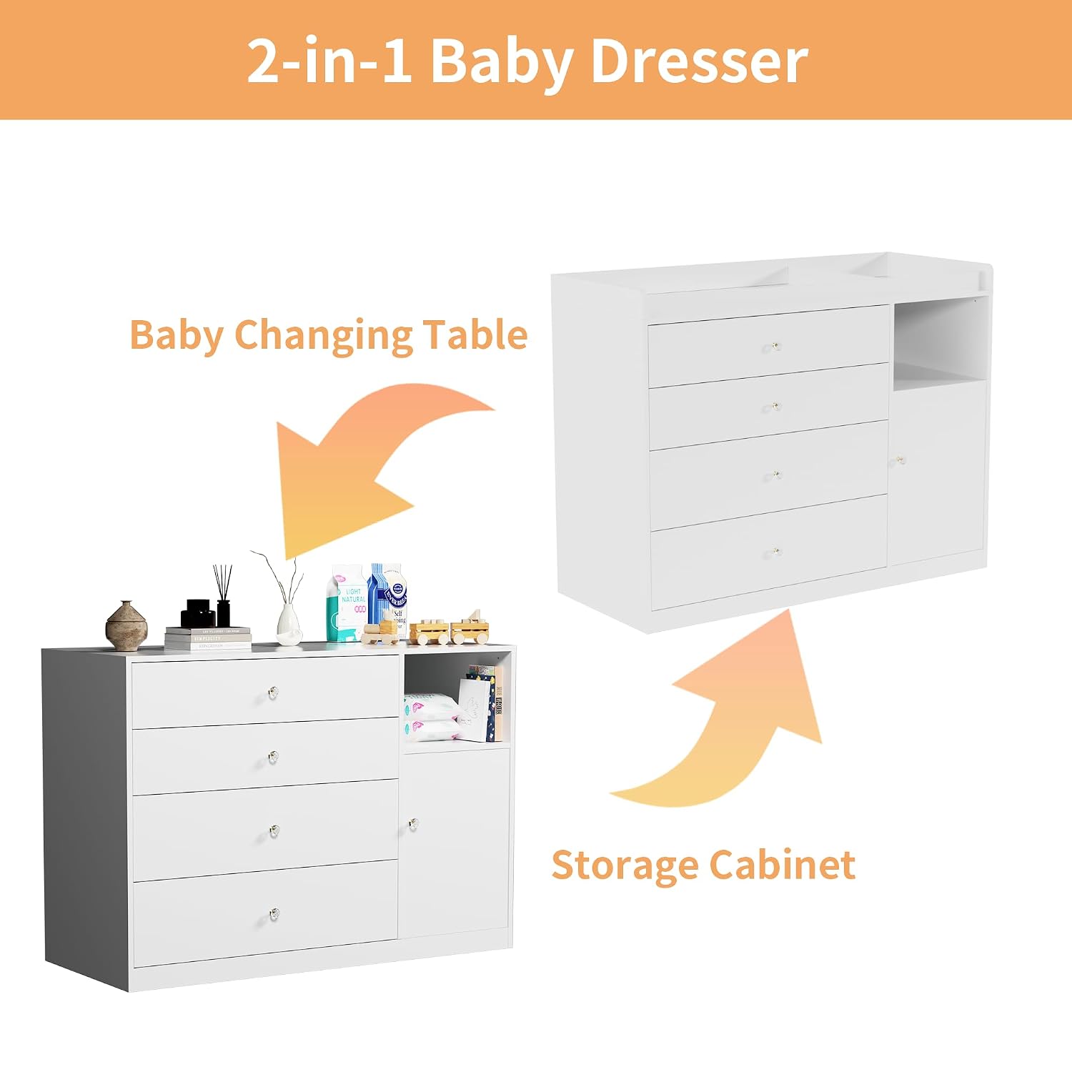 Baby Dresser Changing Table with 4 Drawers 47.2" Diaper Changing Tables for Nursery with 1 Open Shelf and LED Light Changing Station Nursery Organizer for Bedroom Beige