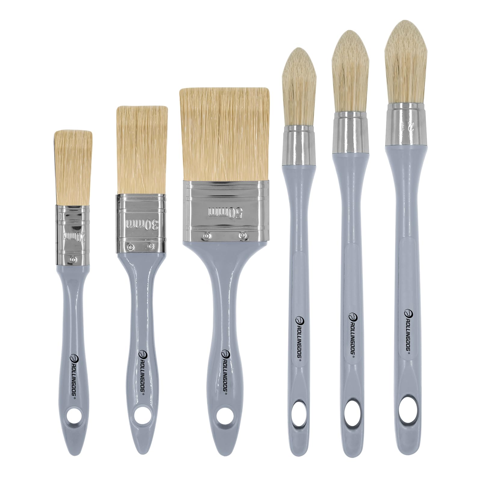 Rollingdog Grey Furniture Paint Brush,Round And Flat Paint Brushes (6Pcs)
