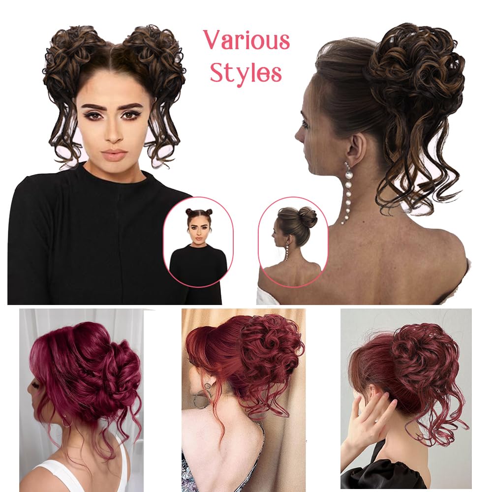 Duża treska w koku, czerwona gumka do włosów z włosami, do wysoko upiętych fryzur, kręcona treska Messy Bun, z gumką, syntetyczne włosy dla kobiet i dziewcząt (kolor czarny/burgundowy)